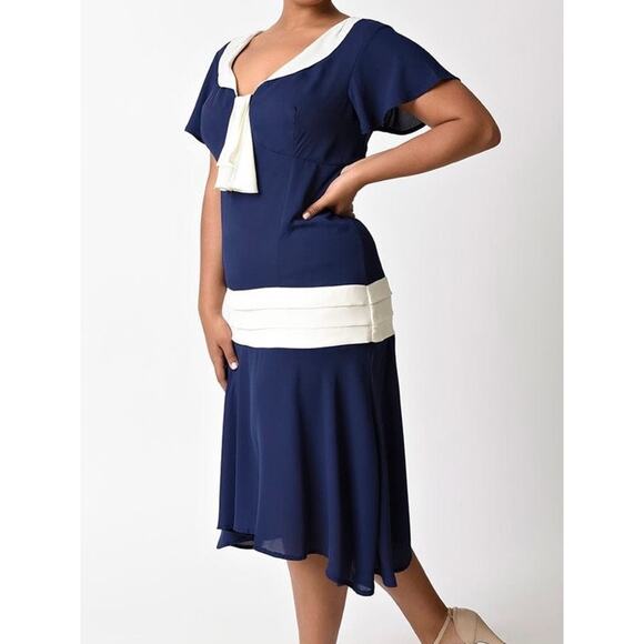 Unique Vintage 1920s Navy & Cream Wilshire Flapper Day Dress 5X 26 NWOT - Picture 3 of 6